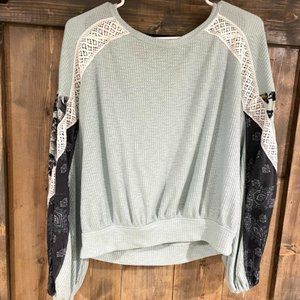 Free People Teal Detailed Long-Sleeved Top